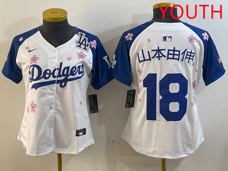 Youth Los Angeles Dodgers #18 Yamamoto White Blue Sakura Edition 2025 Nike MLB Jersey style 14->youth mlb jersey->Youth Jersey